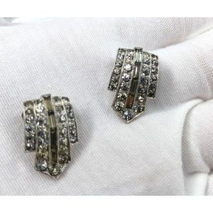 Vintage Art Deco Rhinestone  Clip On Earrings Pat Pending Silver Metal Signed